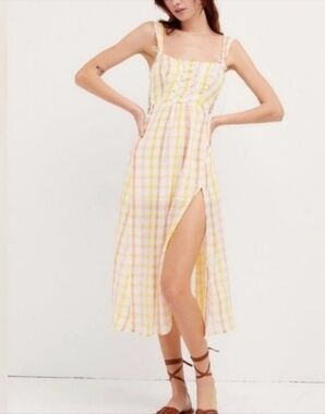 For Love And Lemons Yellow& Pink Check Midi Dress size S new with tags